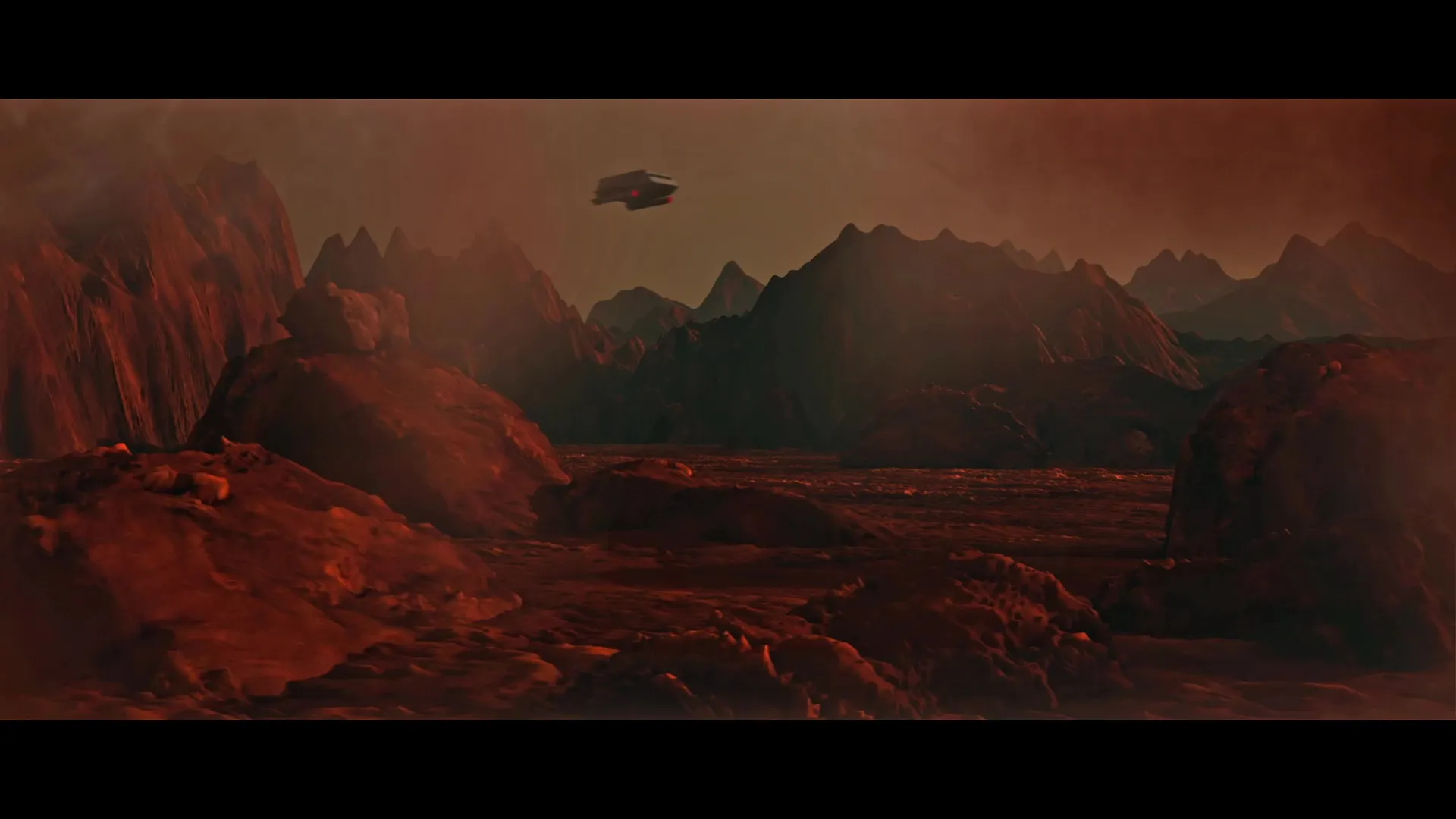 Gerenderete Sci-Fi-Planetenlandschaft mit roten Felsen und einem Raumschiff am dunstigen Himmel